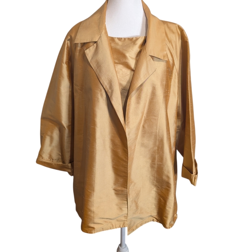 Nira Nira New York 100% Silk 2 Pc Set Jacket & Tank Top Gold Shantung‎ Blouse L